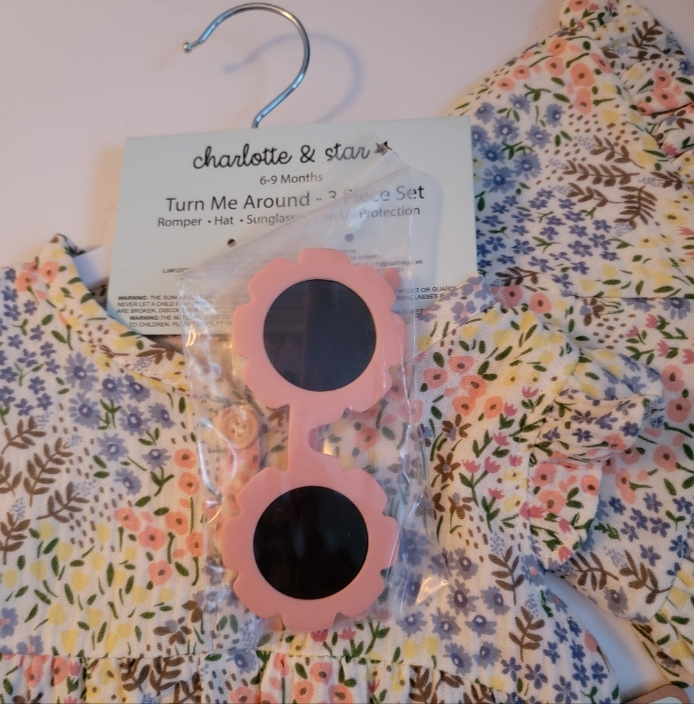 Charlotte & Star Floral Romper Hat Set Sunglasses 3 Piece Set Boutique Baby - Picture 2 of 6